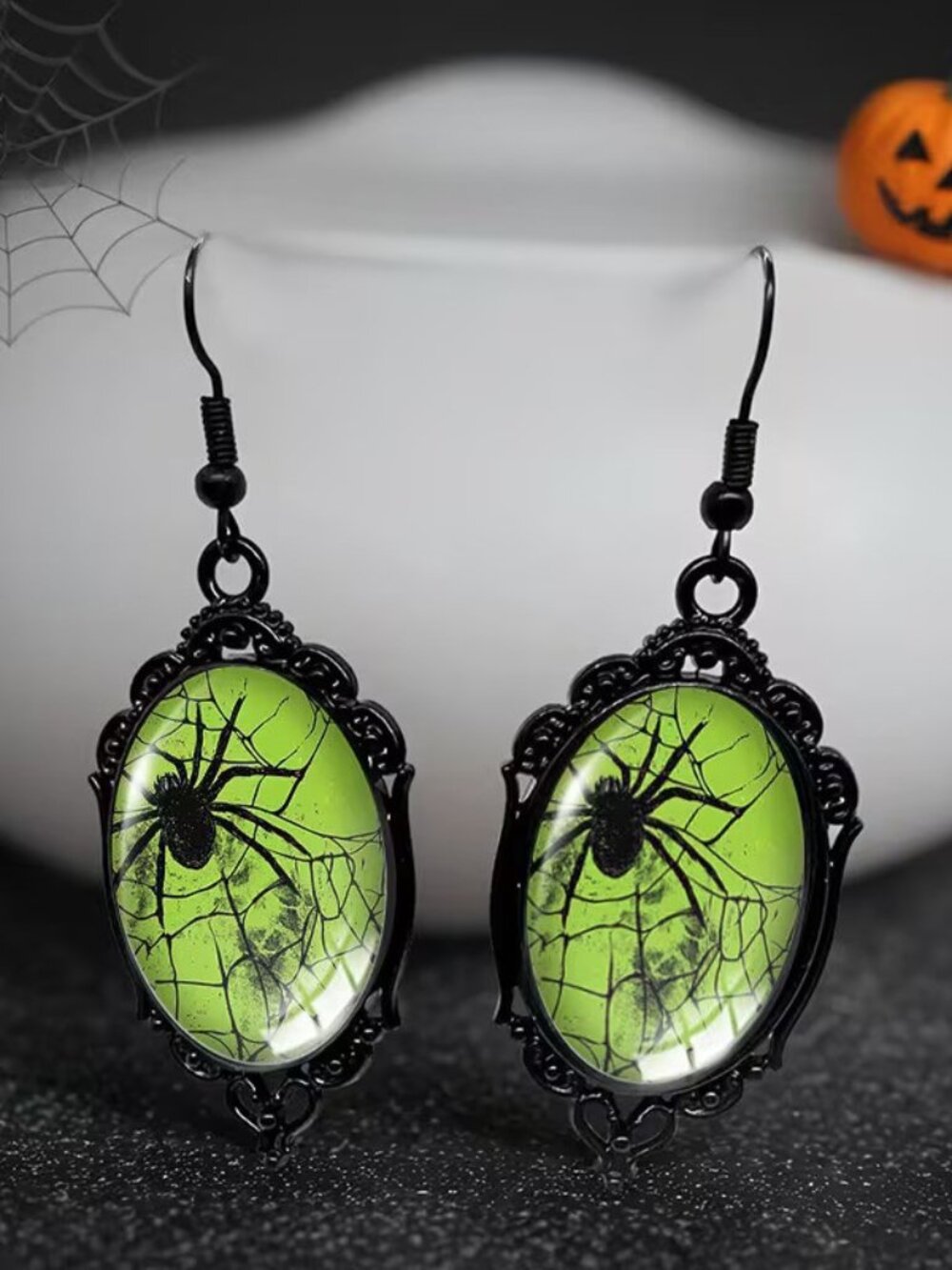 Woman's Halloween Gothic Black and Green Spider Web Earrings w Green Glass Dome